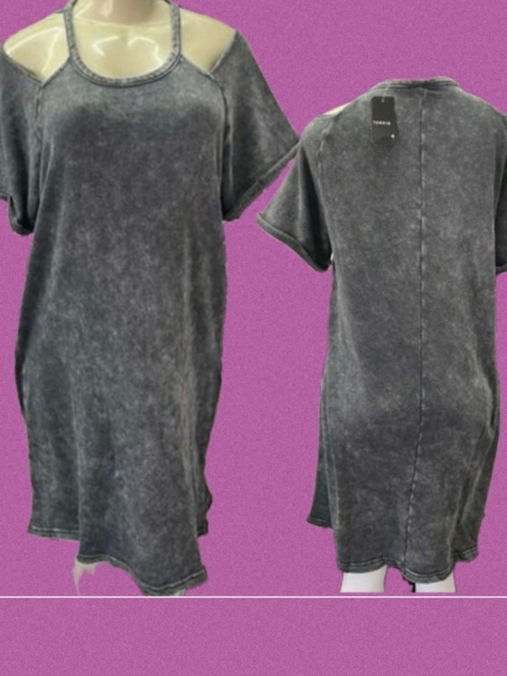 Torrid L/0 Charcoal Grey Acid Wash Cold Shoulder Fleece Lined T-Shirt Mini Dress